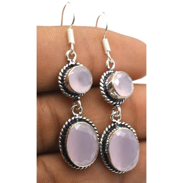 Rose Chalcedony Gemstone Ethnic Handmade Drop Dengle Earring Jewelry ER 068