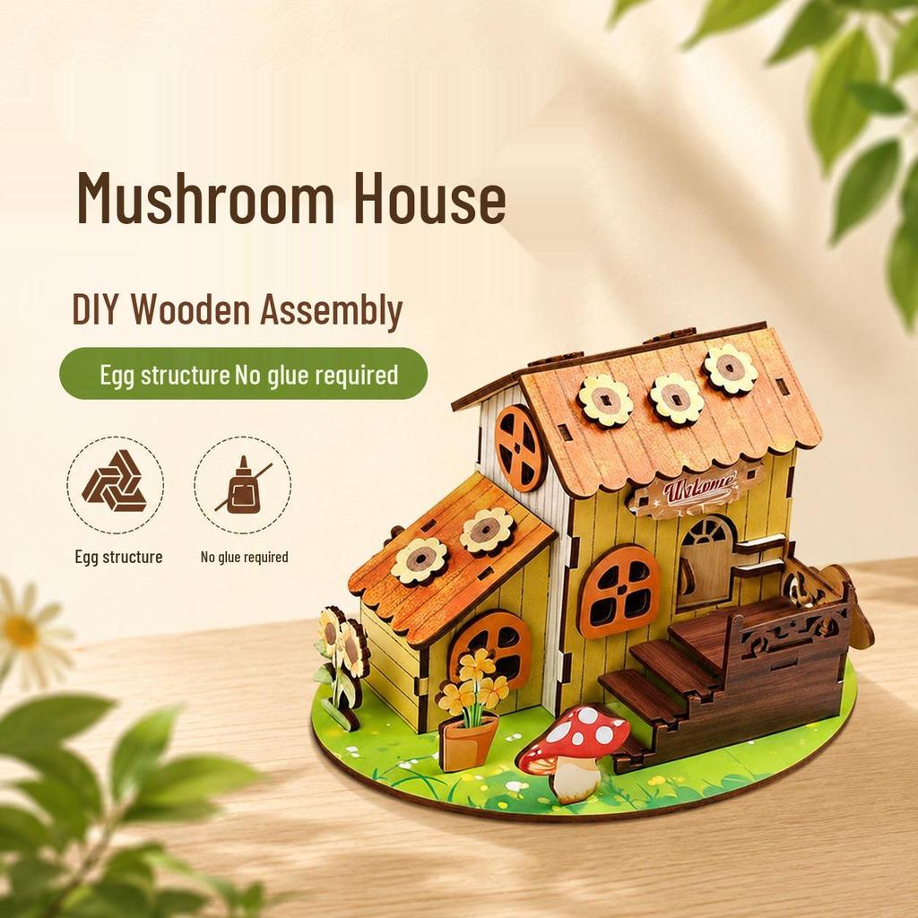 Handmade DIY Wooden 3D Mushroom House Puzzle Model Ornament for Children