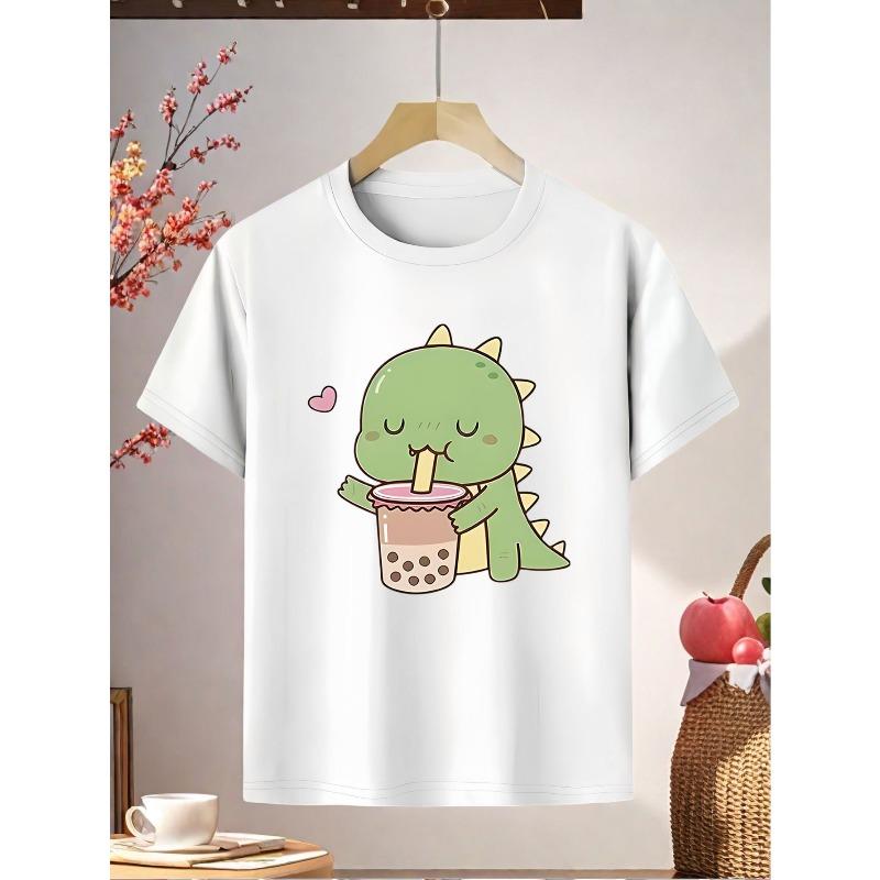 European Sizes Girls' Cute Dinosaur Drinking Hot Chocolate T-Shirt - Soft Pink with Green Dinosaur & Cup Design, Breathable Summer Casual Top