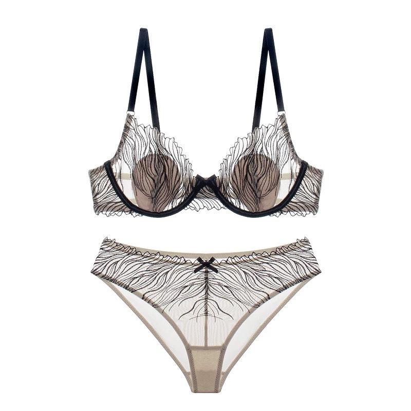 Sexy See Through Bra Set Women Lace Embroidery Lingerie Thong Underwear Elegant Ladies Bra and Panty Set