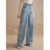 Damen Jeans mit Stickerei, Stretch-Denim, gerades Bein, Übergröße - Neuer gewaschener Denim-Stil