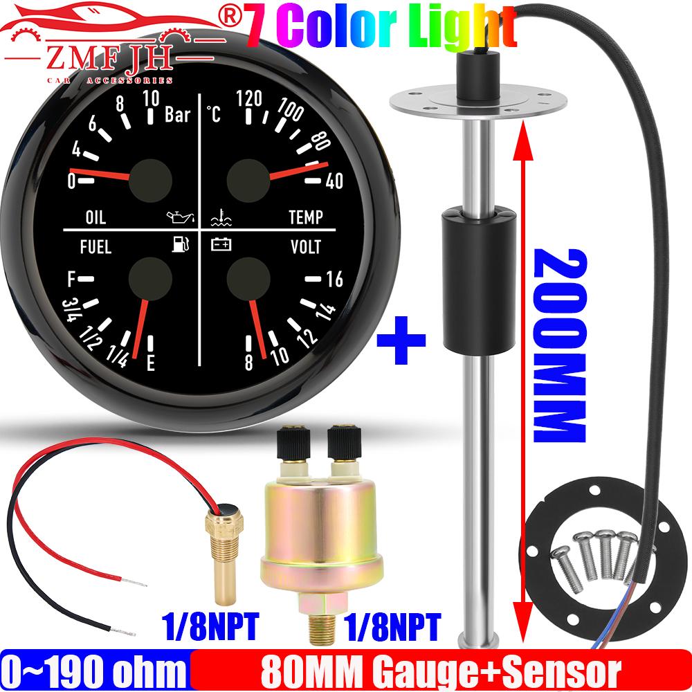 ZMFJH 100-550MM Fuel Level Sensor 0-190ohm 80MM Oil Pressure+Water Temp+Fuel Level+Voltage 7 Color LED for Marine Boat Yacht Car