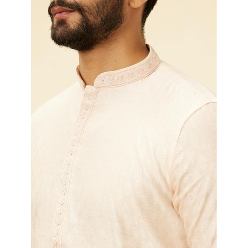 Manyavar Men's Peach Blended Viscose Self Design Kurta Pyjama Set (L)