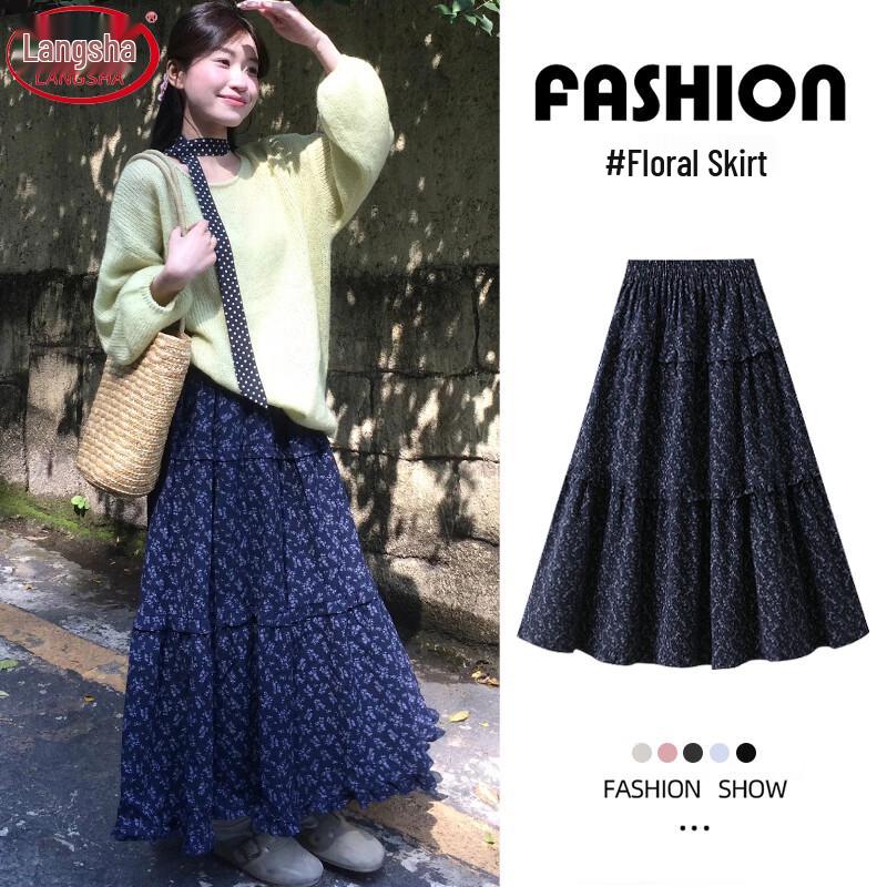 LANGSHA Women's Navy Floral High-Waist A-Line Long Skirt