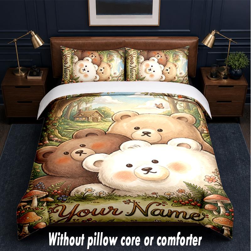Set Biancheria da Letto a Tema Orsacchiotto con Testo o Nome Personalizzato, 3 Pezzi, 1 Lenzuolo Sotto con Angoli & 2 Federe, Biancheria da Letto Personalizzata per la Casa