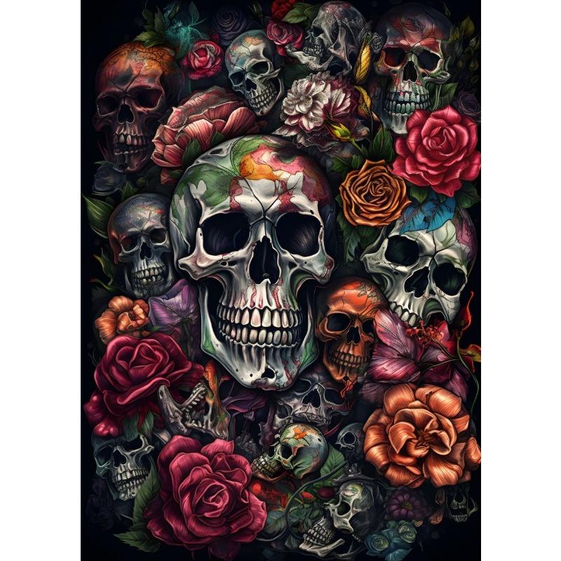 Skull and Rose Poster Abstract Horrible Full Skulls Canvas Painting Magic Wall Art for Living Room Home Decor Mural