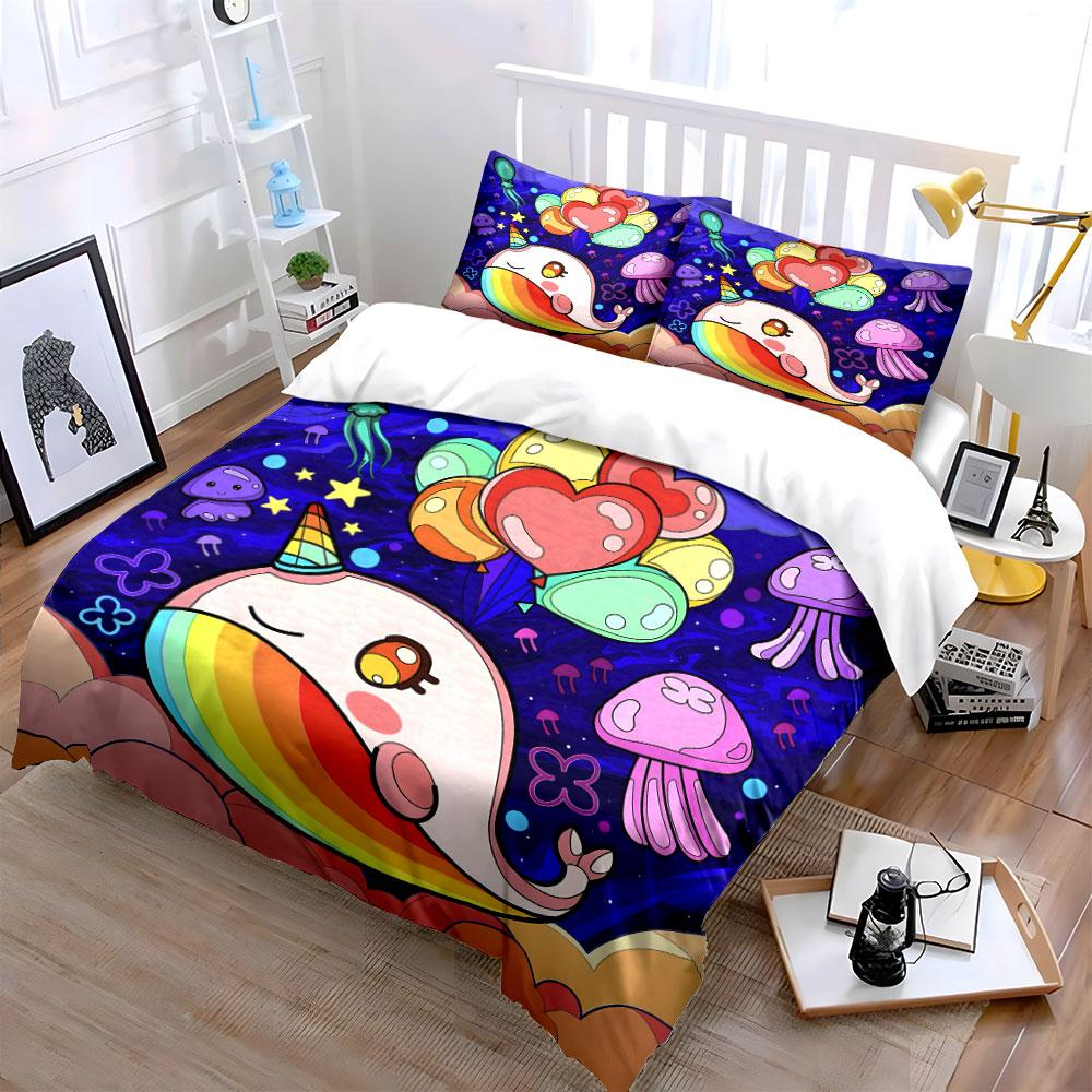Colorful Narwhal Fantasy Theme Bedding Set Exquisite Three-Piece Bedding Set Gift For Kids And Adults