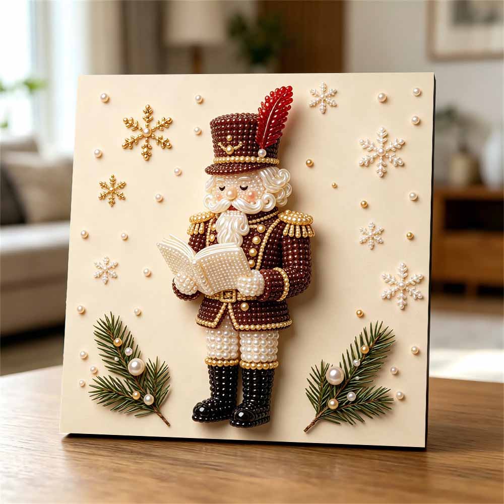 Handmade Framed Pearl Painting Set with Christmas Nutcracker Design 5D Shiny Bead Art Canvas Creative Craft for Home Holiday Room Decor