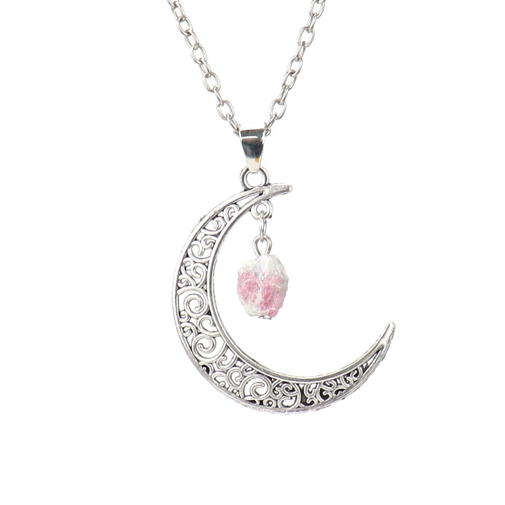 Hollow Moon Natural Rough Stone Crystal Pendant Necklace Amethyst Pendant Couple Necklace N597