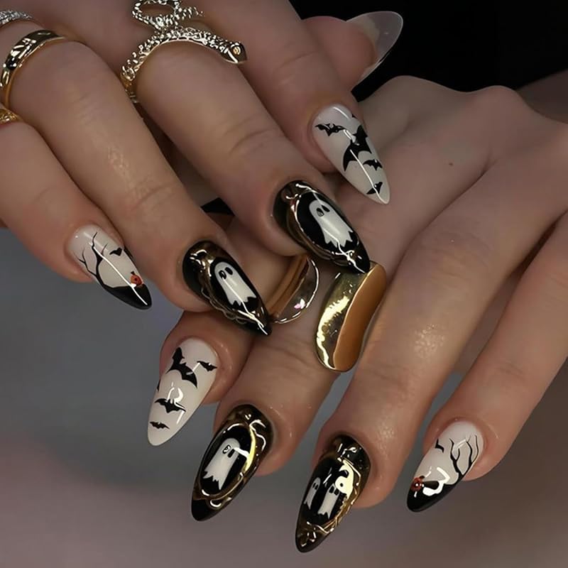 Short Almond Press on Nails Halloween Fake Nails Gothic Bat Acrylic Nail Cute Ghost False Nail with Purple Glitter Design Goth Halloween Nails Press