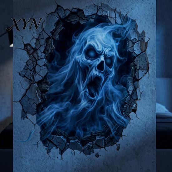 Decorative PVC Wall Art for Living Room Halloween 3D Decal, Breakout Illusion Sticker with Skull Ghost, Spooky Ghost Decor Party, Peel And Stick