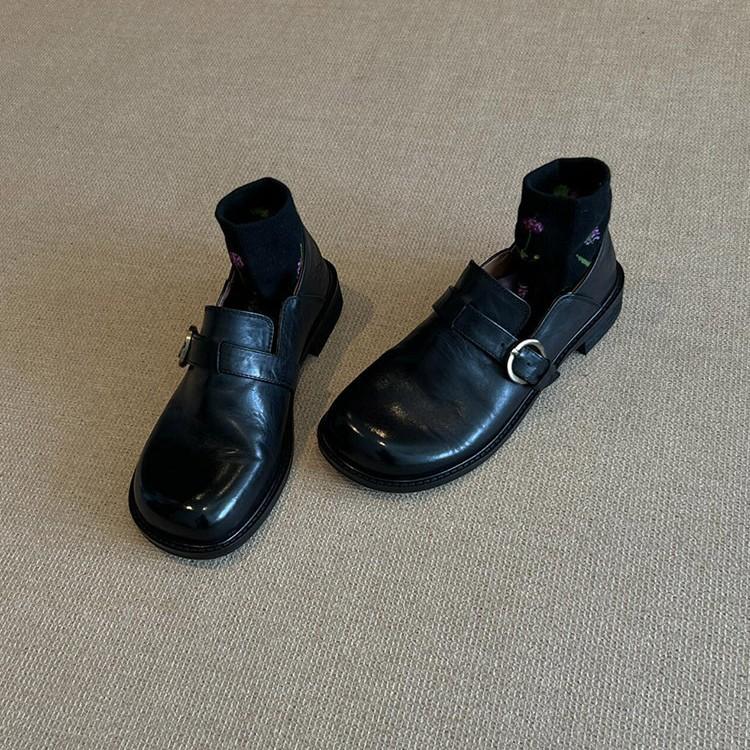 Sheepskin version~ genuine leather polished retro versatile small leather shoes women's British style single shoes belt buckle one pedal loafers