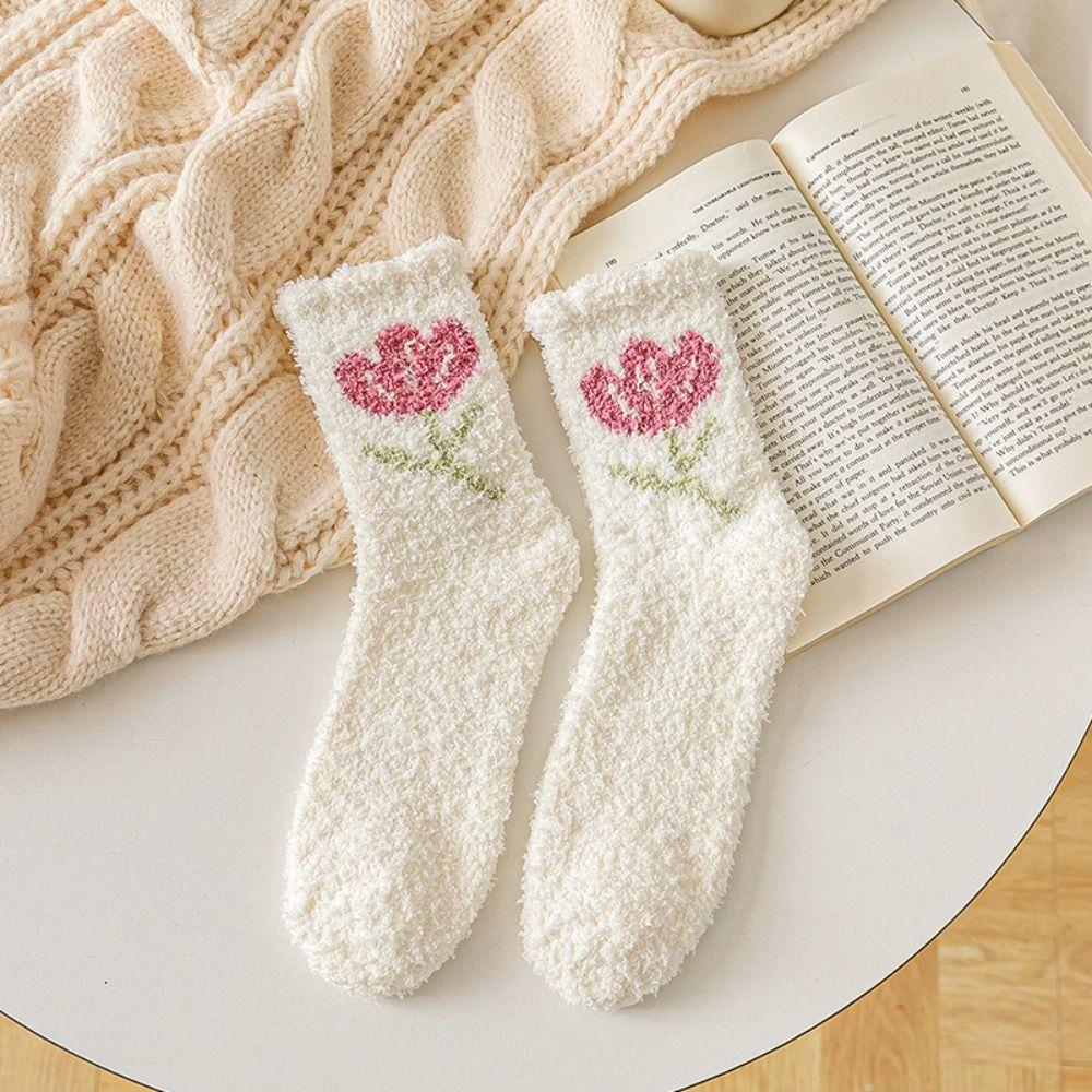 Warm Autumn Flower Trendy Tulips Pattern Sweet Thick Coral Velvet Middle Tube Korean Style Socks Female Socks