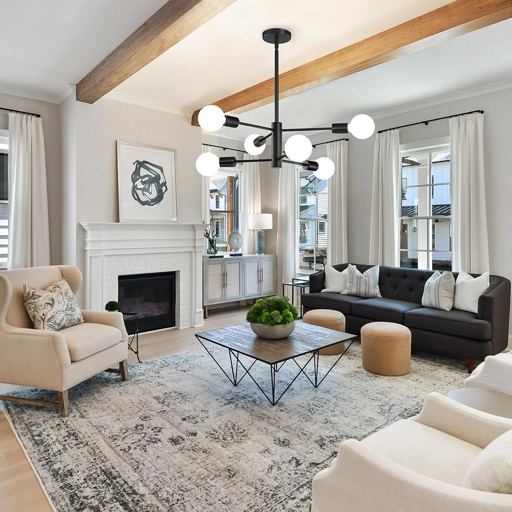 Modern Sputnik Chandeliers Light, 6-Light Black Chandeliers for Dining Room, Height Adjustable Ceiling Lights Farmhouse Chandelier for Kitchen Island