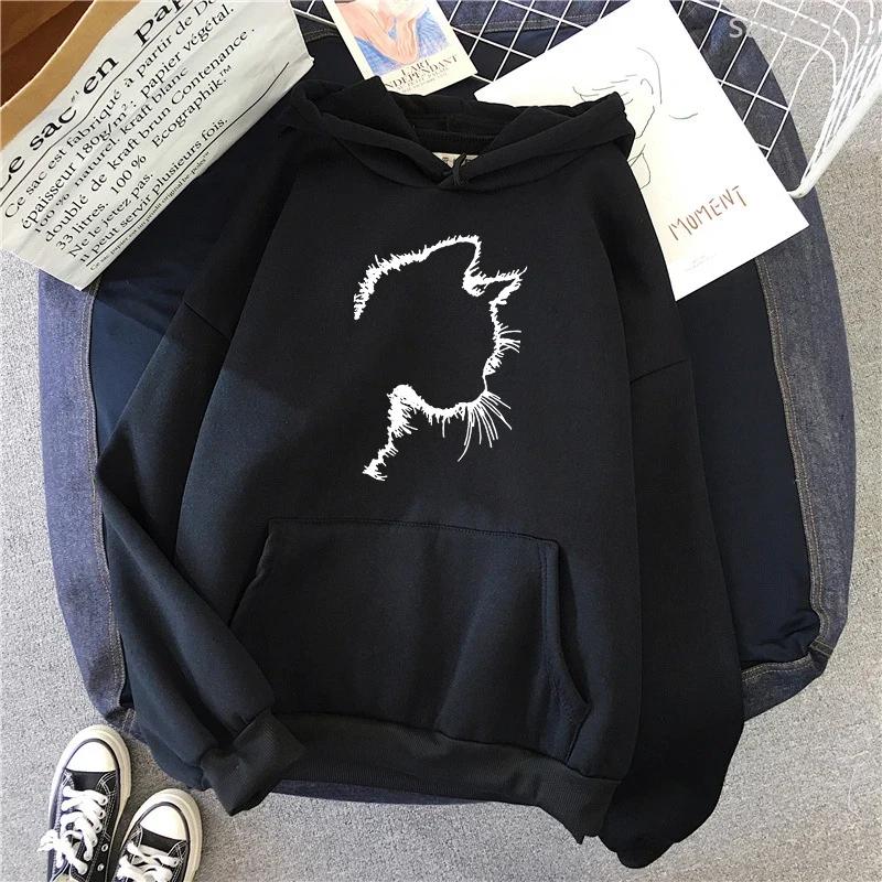 Autumn Winter Womens Sweatshirts Cute Cat Printing Casual Kangaroo Pocket Hoodies Sports Pullover Tops Daily Aesthetic Clothes
