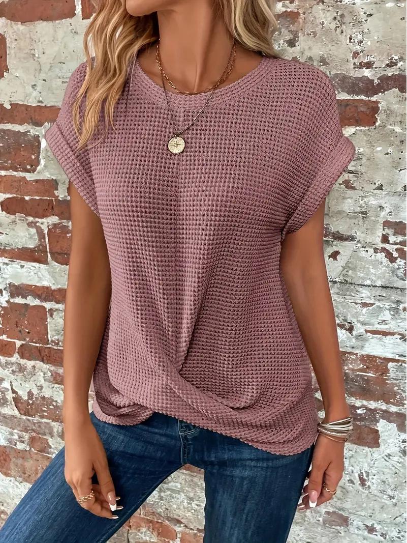 

Solid Color Round Neck T-shirt with Twist Hem - Women s Elegant Spring/Summer 2026 Collection XXL