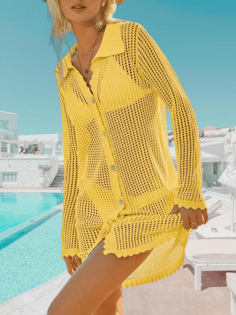 Women's Crochet Beach Cover Up Button Down Long Sleeve Cardigan Mini Dress