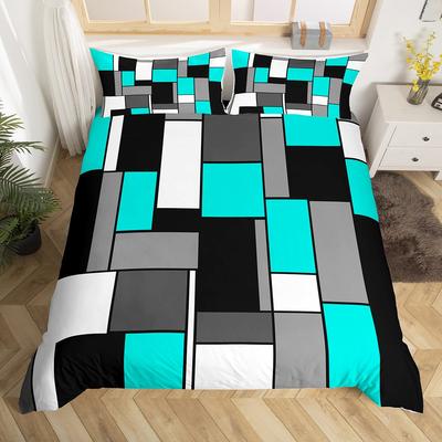 Homewish Azurová čtvercová geometrická sada povlaků na přikrývku, Vintage umělecká abstraktní sada lůžkovin, Elegantní obdélníková sada lůžkovin