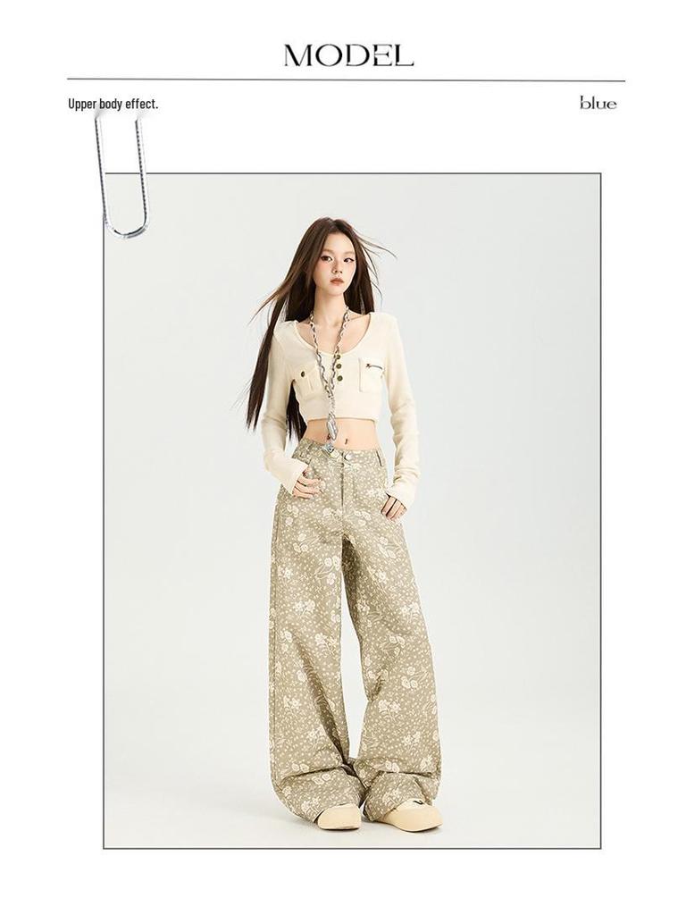 Women's 2025 Autumn Floral Wide-Leg Jeans - Loose, Draped, Lazy Style, Straight Leg