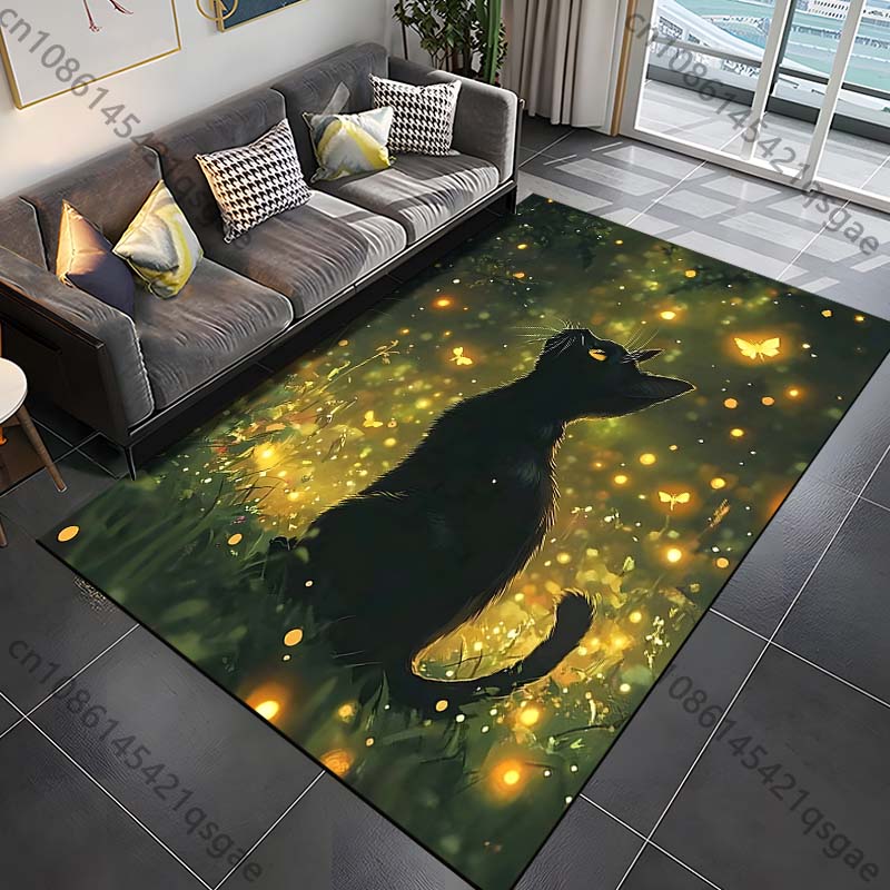 

1PC Black cat with fireflies Print Carpet Rug for Living Room Bedroom Sofa Doormat Home Decor Non-slip Floor Mat 40cm x 60cm