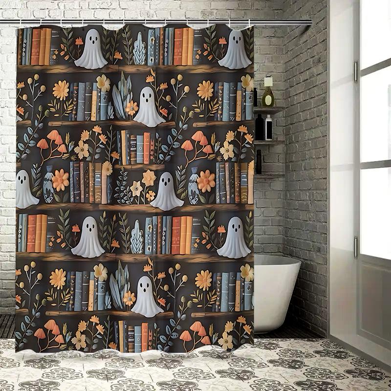 Spooky Halloween Shower Curtain with Ghost and Bookshelf Design - Perfect for a Fun and Festive Bathroom Decor Easy-Clean