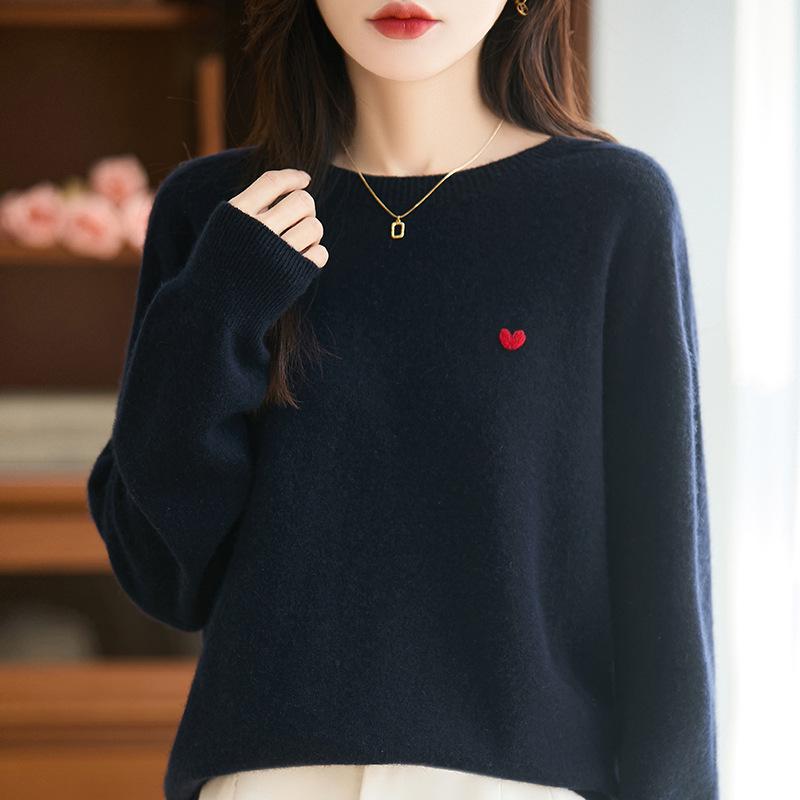 Heart Embroidery Pure Wool Round Neck Pullover Sweater - Autumn/Winter Collection