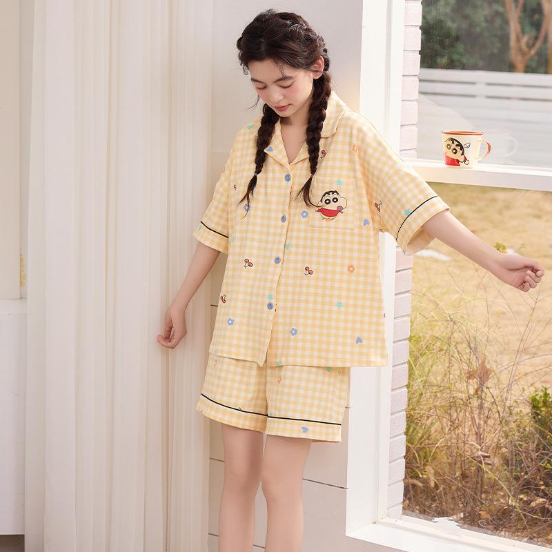 

#Summer Korean version of short-sleeved pajamas women s cardigan lapel pull-frame imitation cotton casual loungewear M