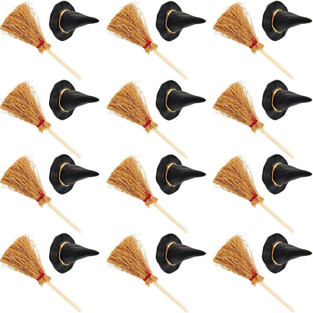 Pack of 24 Miniature Broomstick Witch Hat Set Halloween Party Decorations PVC Crafts Accessories for Home Event