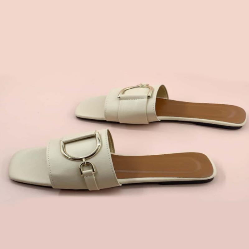 New Color Large Size Square Head Metal Buckle Fluorescent Color Flat Bottom Slippers Women's Shoes Fashion Color