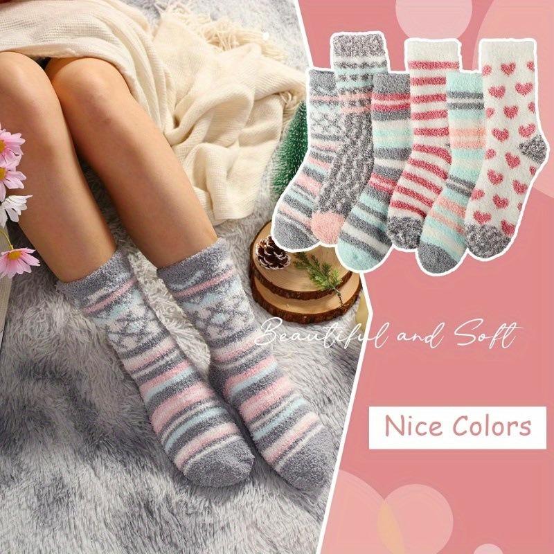 Women's Medium Tube Coral Fleece Socks with Stripes, No Hair Loss, Warm Confinement Floor Socks, Fixed Color Matching Grid