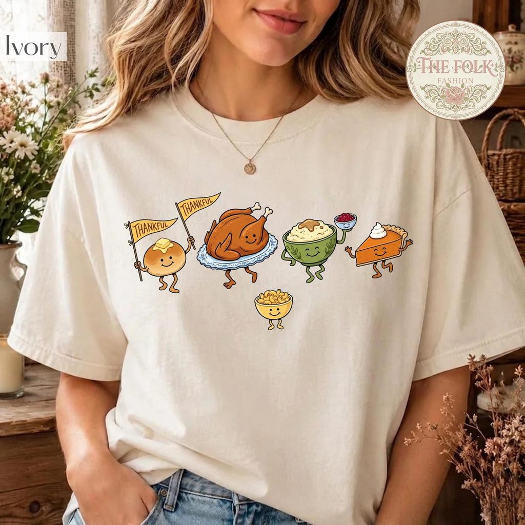 Cute Thanksgiving Shirt, Retro Autumn T-shirt, Thanksgiving Food Tee, Thankful Doodle Shirt, Fall Season T-shirt, Turkey Day Shirt