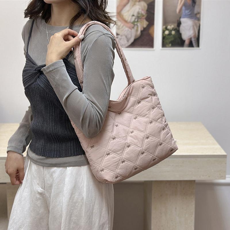 Casual Large Capacity Quilted Tote Bag Argyle Pattern Solid Color Lightweight Bow Embroidery Shoulder Bag For Women