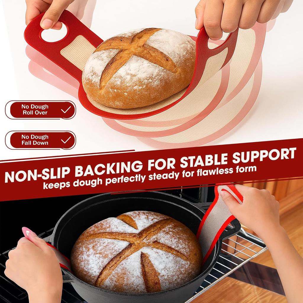 Sourdough Silicone Bread Sling for Dutch Oven, 2PCS Non-Stick Reble Baking Mat with Long Handles, Essentials Bread Making Supplies for Dough Transfer
