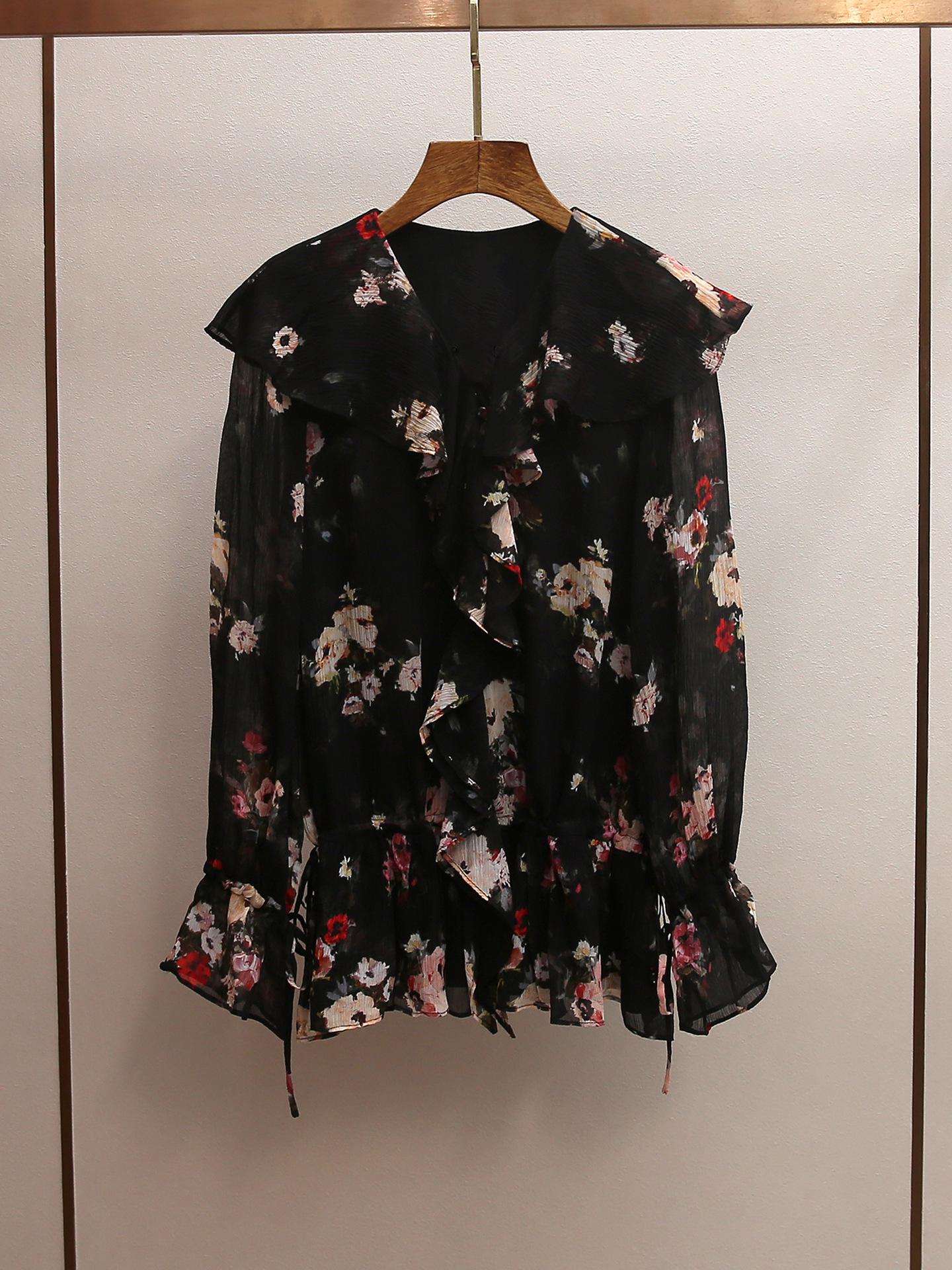 Nanyou French Light Mature Style Printed Ruffled Long-Sleeve Women’s Spring Dress L