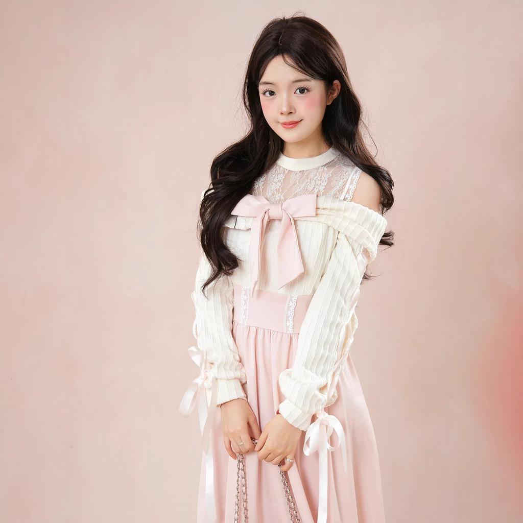 Gentle wind off-the-shoulder dress women's autumn light pink sweet bow lace-up waist cute long dress tide