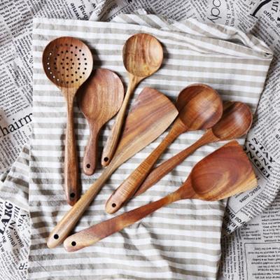 1-7pcs/set Teak Natural Wood Tableware Spoon Ladle Turner Rice Colander Soup Skimmer Cooking Spoon Scoop Kitchen Reusable Tool