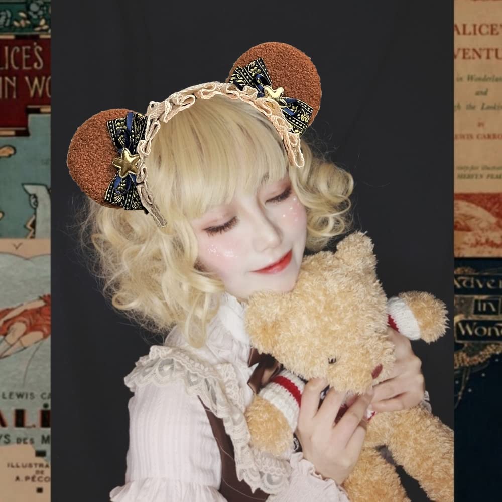 Bear Ear Headband Lolita Headpiece with Large Cotton and Cosplay Costume [SRrabbit] Ears, Off-White Lace, (Navy & Gold)