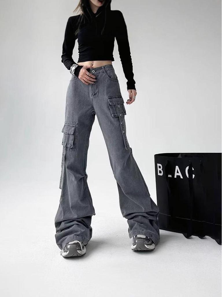 Women's Multi-Pocket High Waist Workwear Jeans - Autumn Loose Slimming Straight Leg, Versatile Wide-Leg Floor-Length Pants