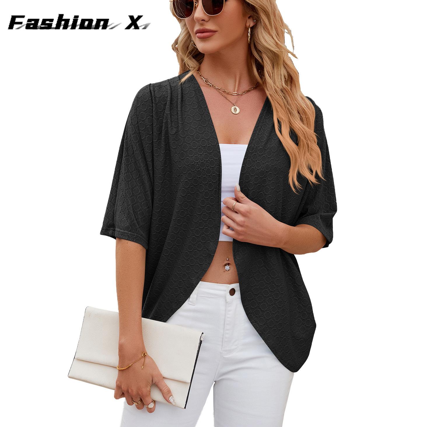 

2024 весна и лето, новый однотонный кардиган со средними рукавами, вязаная куртка-кардиган, рубашка с кондиционером 2XL чёрный