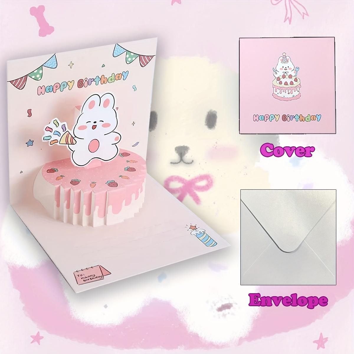 

Очаровательная объемная открытка на день рождения с тортом и кроликом - Восхитительный дизайн с кроликом и кексом, розовой глазурью, премиальная бумажная работа для малышей розовый