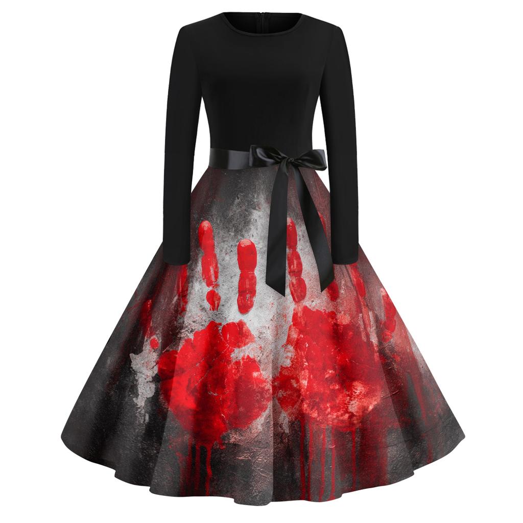 Women's Casual Fashion Round Neck Halloween Printed Vintage Dress