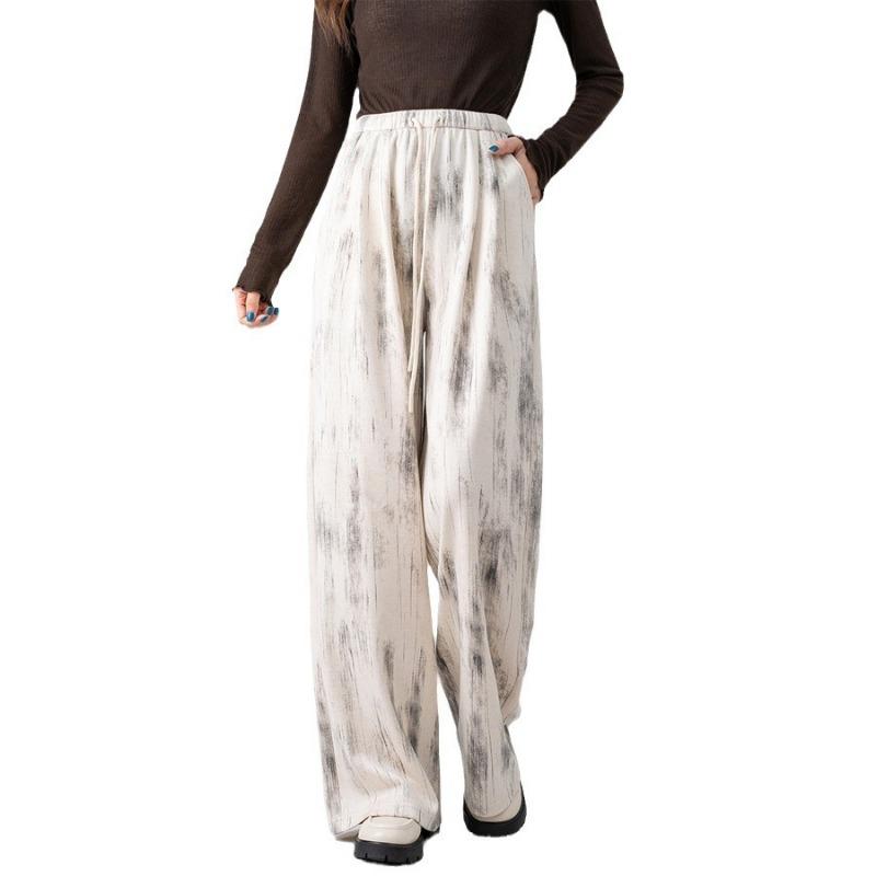 Autumn and Winter Antelope Cashmere Printed Loose Wide-leg Pants Women's New Straight Tie-dye Casual Sports Floor-mopping Trousers