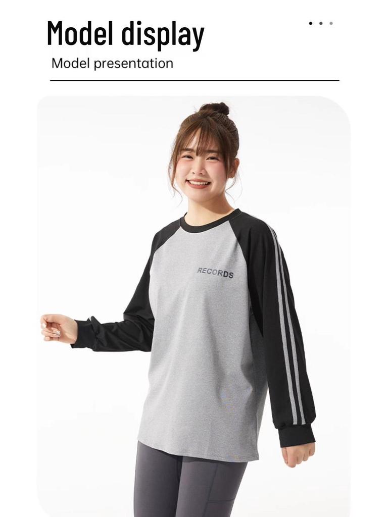 Plus Size Yoga Set: Loose Fit Color Block Long Sleeve, Hip-Covering Quick Dry for Running & Tennis.