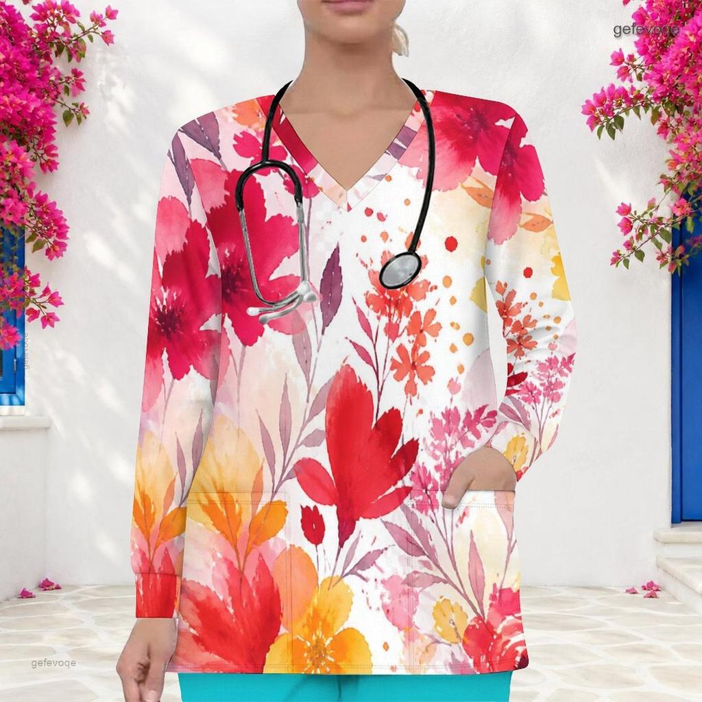 Aquarell-Blumenprint V-Ausschnitt Langarm Damen Krankenschwester Arbeitskittel Weich Atmungsaktiv Medizinische Gesundheitsversorgung Arbeitsbluse Mit Taschen