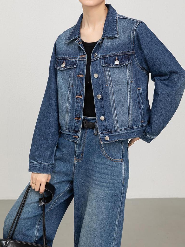 Women's Blue Long-Sleeved Denim Jacket with High-Waisted Wide-Leg Pants - Spring 2026 Collection