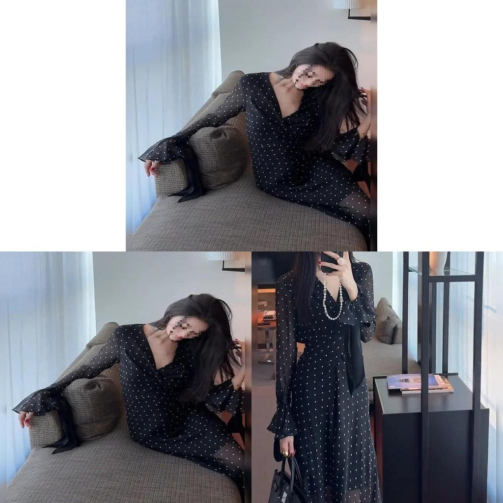 Elegant Black Polka Dot Long Dress With V Neck And Bell Sleeves For Spring Summer Vacation Wear