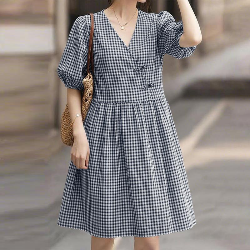 ZANZEA Women Casual V-Neck Loose Grid Print Summer Short Sleeve Dress S синий