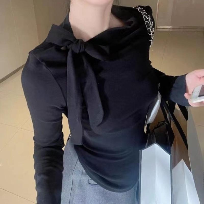 German Velvet Design Butterfly Tie Tied Long Sleeved T-shirt for Women In Spring Autumn Slimming Off Half High Collar Base Top T-Shirts Women’s