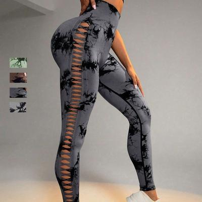 Leggings de Sport Yoga Respirants Ajustés Creux Femmes Taille Haute Remonte Fesses Pantalon de Legging de Fitness Dames Tie Dye Slim Pantalon de Yoga 25606