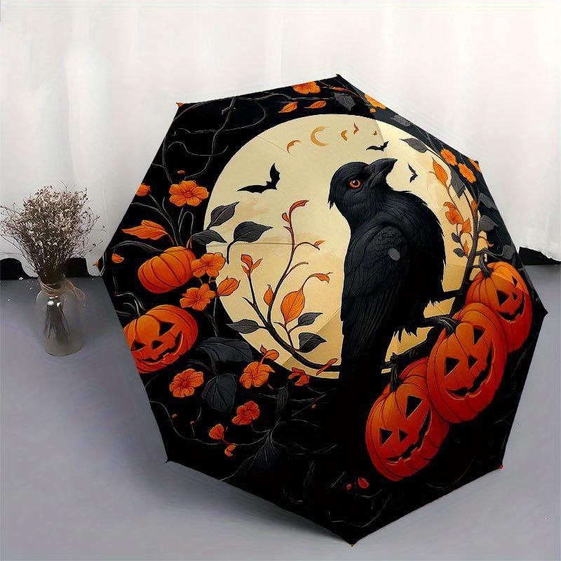 Halloween Pumpkin Patch with Crow Umbrella, Portable 3-Fold Compact Umbrella for Men & Women R144